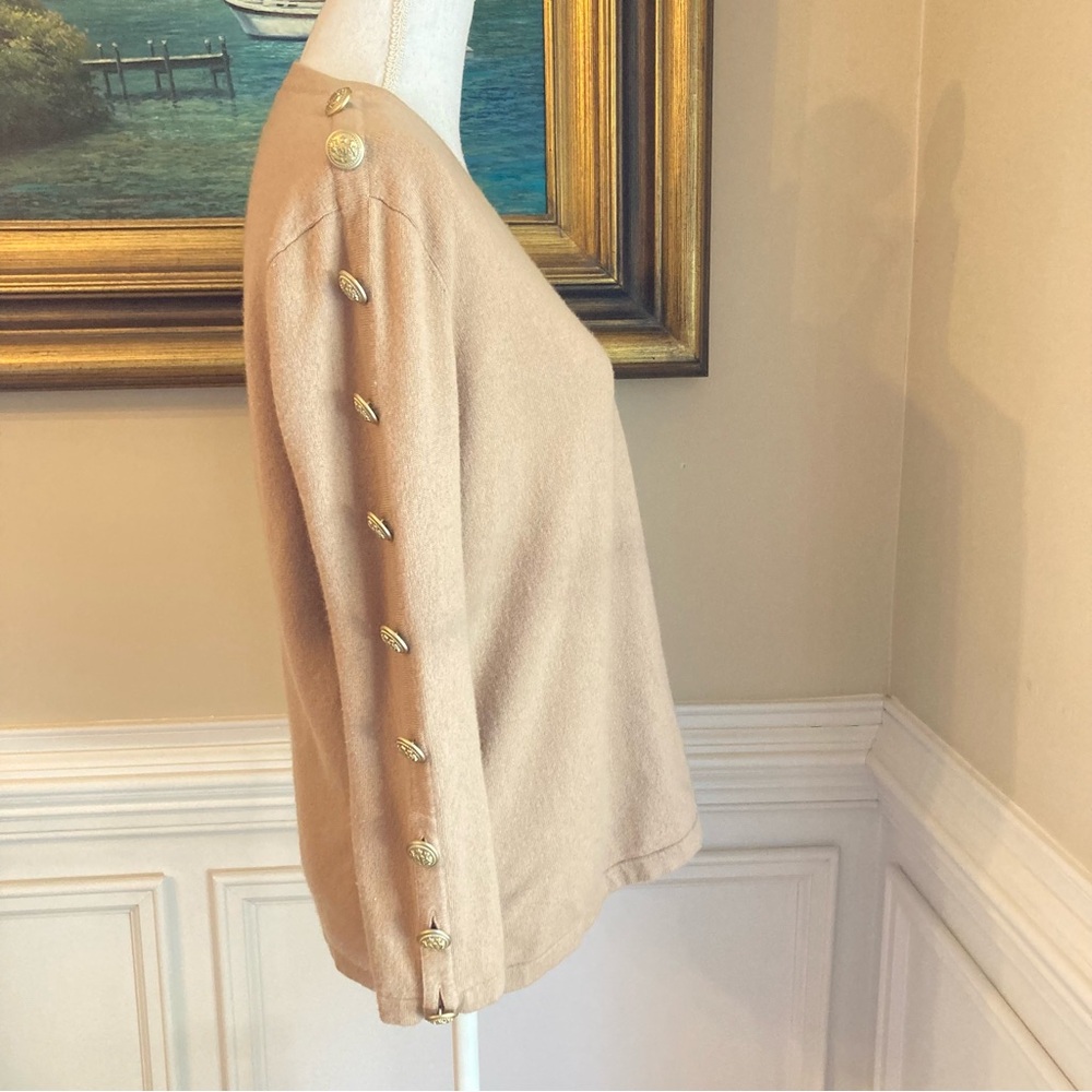 MAX & MOI Cashmere Wool Camel Tan Gold Button V Neck Long Sleeve Sweater